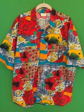 *EUC* FANTASTIC Vintage GOTTEX TROPICAL Fish / Floral HAWAIIAN ALOHA SHIRT Sz L
